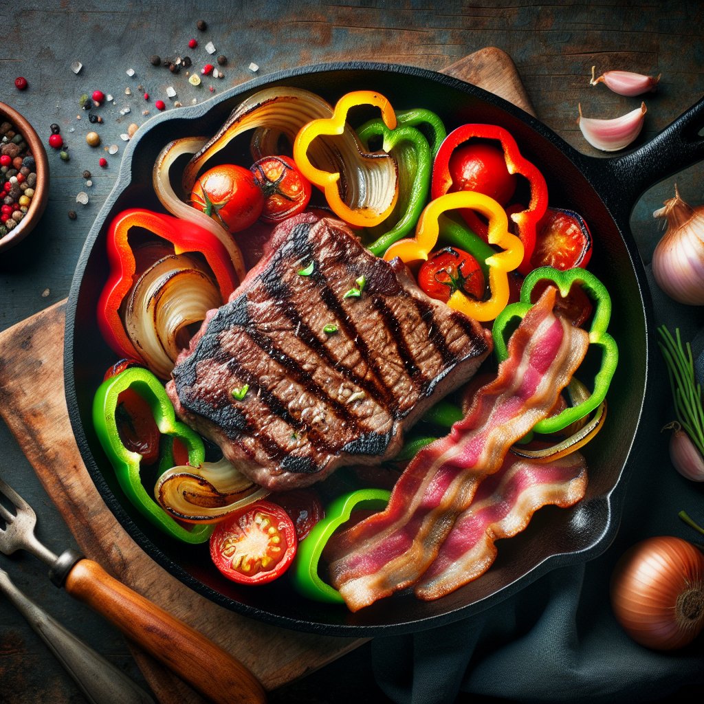 Sizzling keto-friendly ingredients in a cast iron skillet on rustic wooden surface