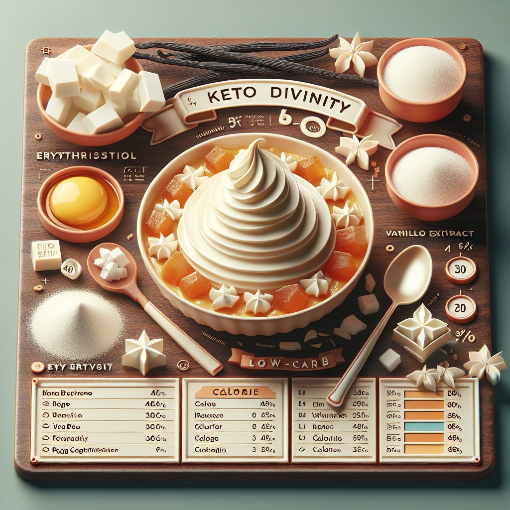 A beautifully arranged plate of keto divinity surrounded by key ingredients erythritol, vanilla extract, and egg whites, with displayed macro and calorie information.