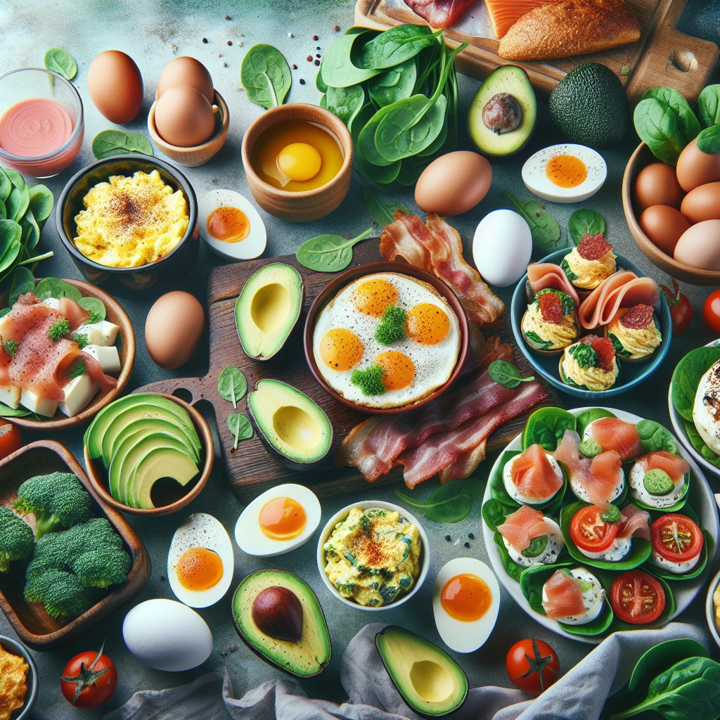 Vibrant keto egg fast breakfast spread featuring eggs, avocado, bacon, spinach, and salmon