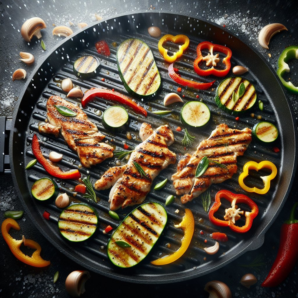 Sizzling griddle with vibrant keto-friendly ingredients like chicken strips, zucchinis, and bell peppers, showcasing expert flipping and tantalizing char marks.