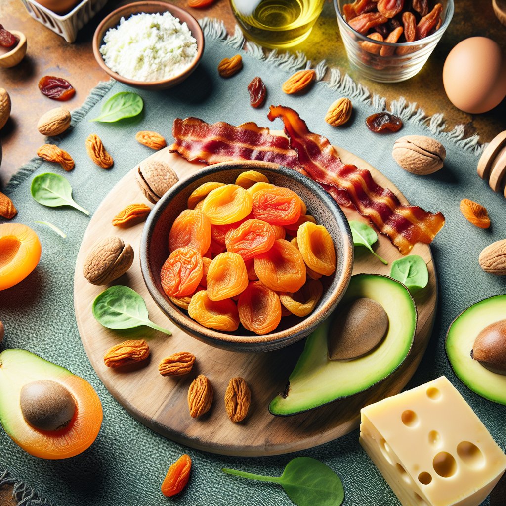 A colorful ketogenic meal featuring dried apricots as a key ingredient, surrounded by low-carb, high-fat foods, and visually appealing presentation.