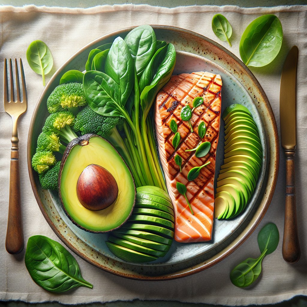 Freshly arranged keto meal with avocados, salmon, olive oil, and leafy greens