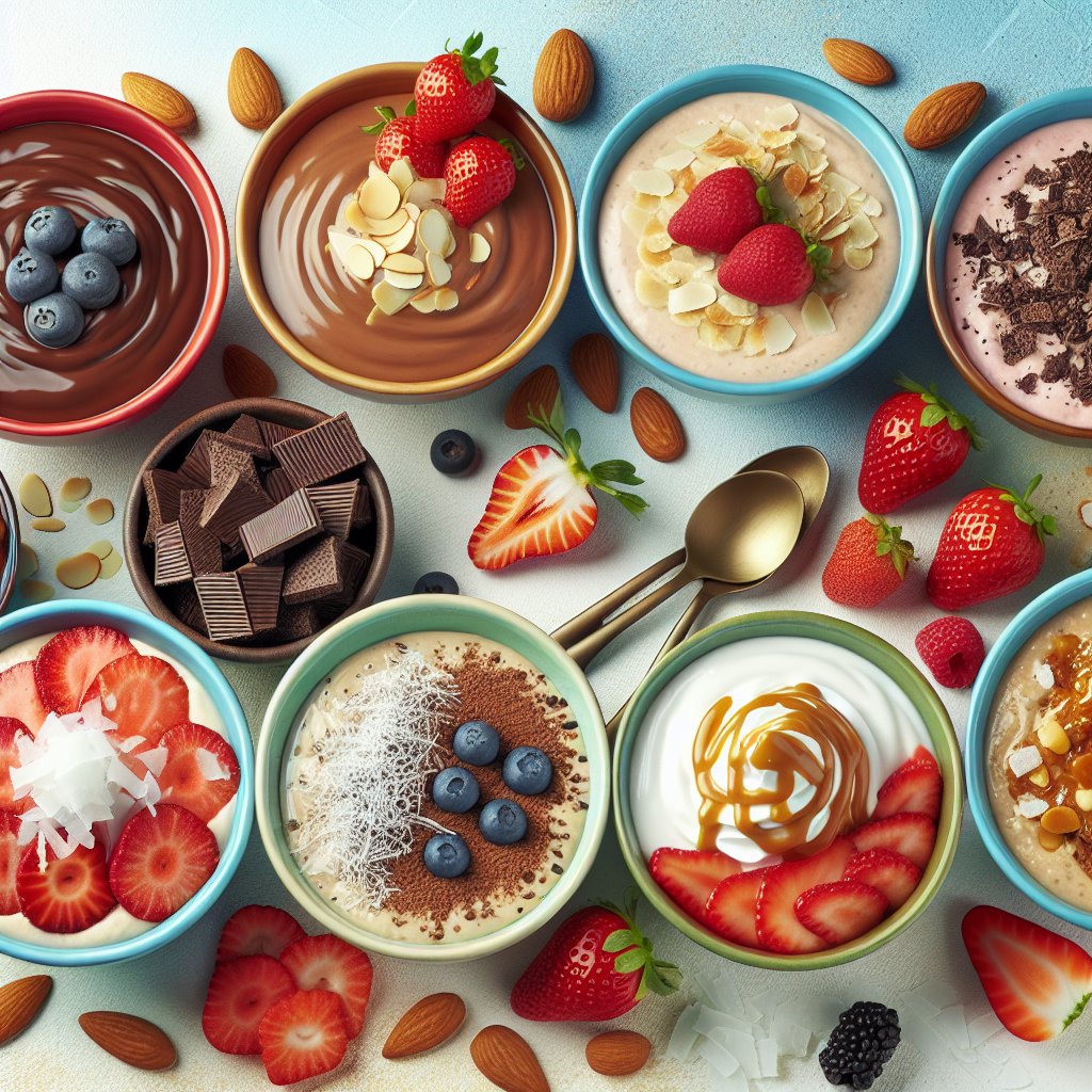 Colorful array of Keto Chow bowls filled with creamy, thick Keto Chow in flavors like chocolate, vanilla, strawberry, and salted caramel, garnished with fresh berries, sliced almonds, coconut shreds, and a dollop of whipped cream.