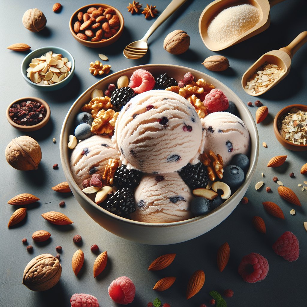 Vibrant and enticing bowl of carb smart ice cream with visually appealing garnishes, showcasing the creamy, indulgent texture of traditional ice cream while fitting perfectly with the keto lifestyle.
