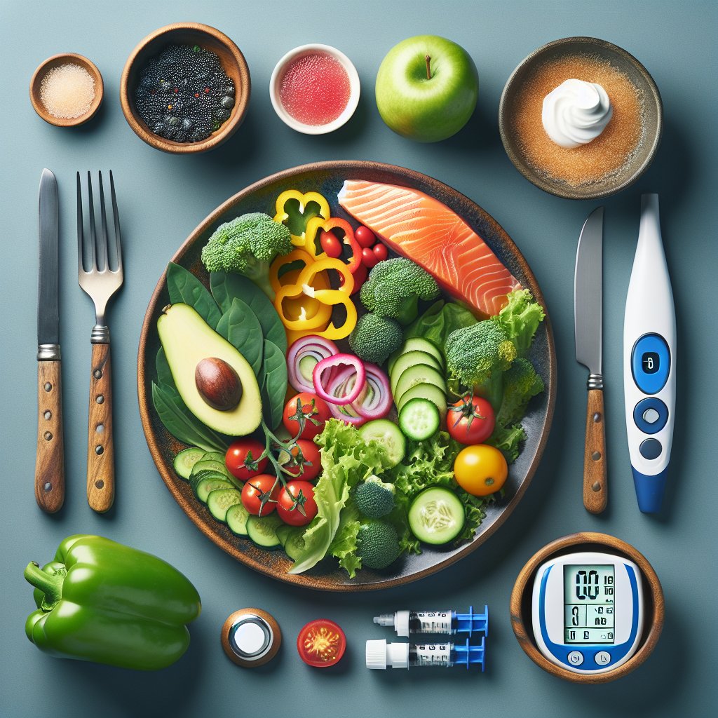 Keto-friendly meal with low-carb vegetables, healthy fats, and blood sugar monitor for diabetes management