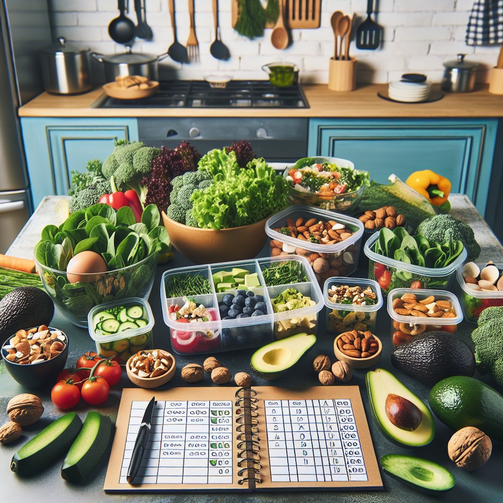 Colorful keto diabetic meal prep with vibrant ingredients and organized kitchen space