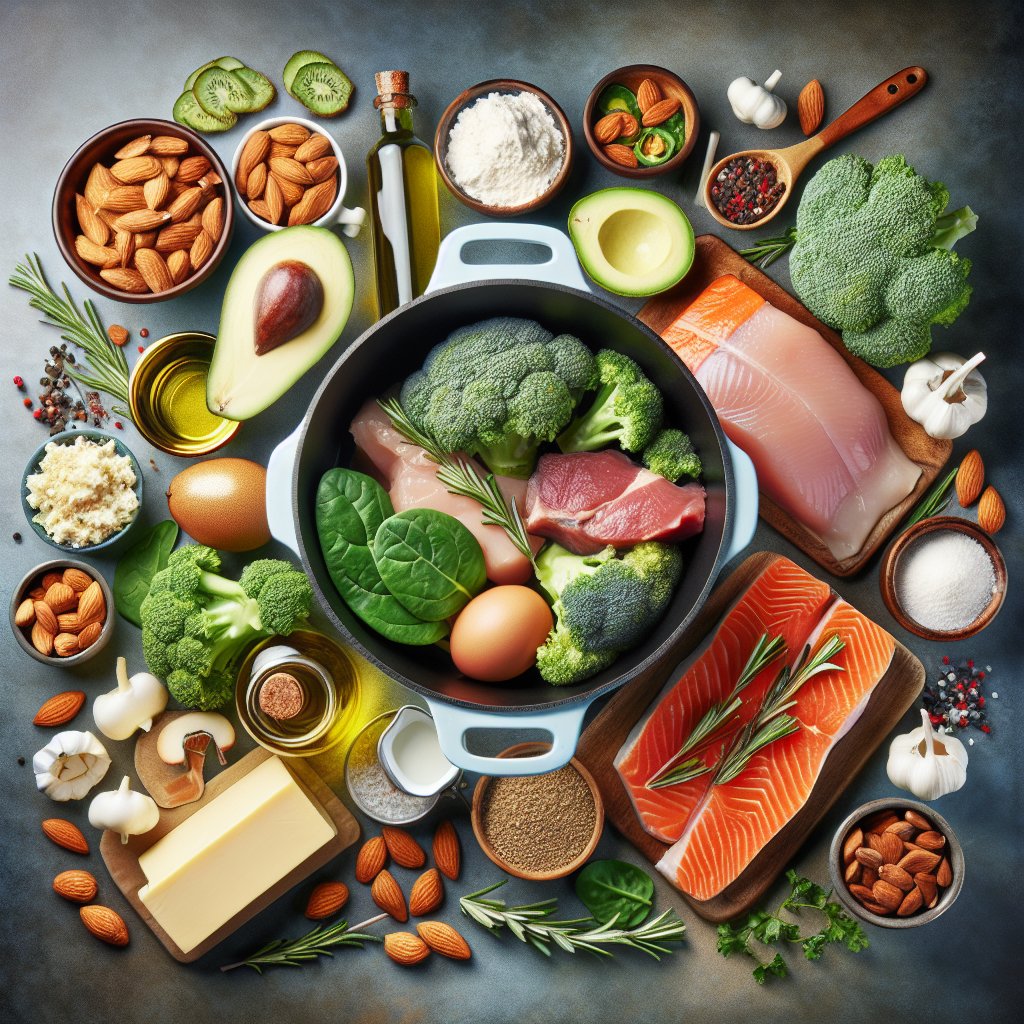 Beautifully arranged keto Dutch oven surrounded by salmon, chicken, beef, avocado, olive oil, coconut oil, low-carb vegetables, and herbs