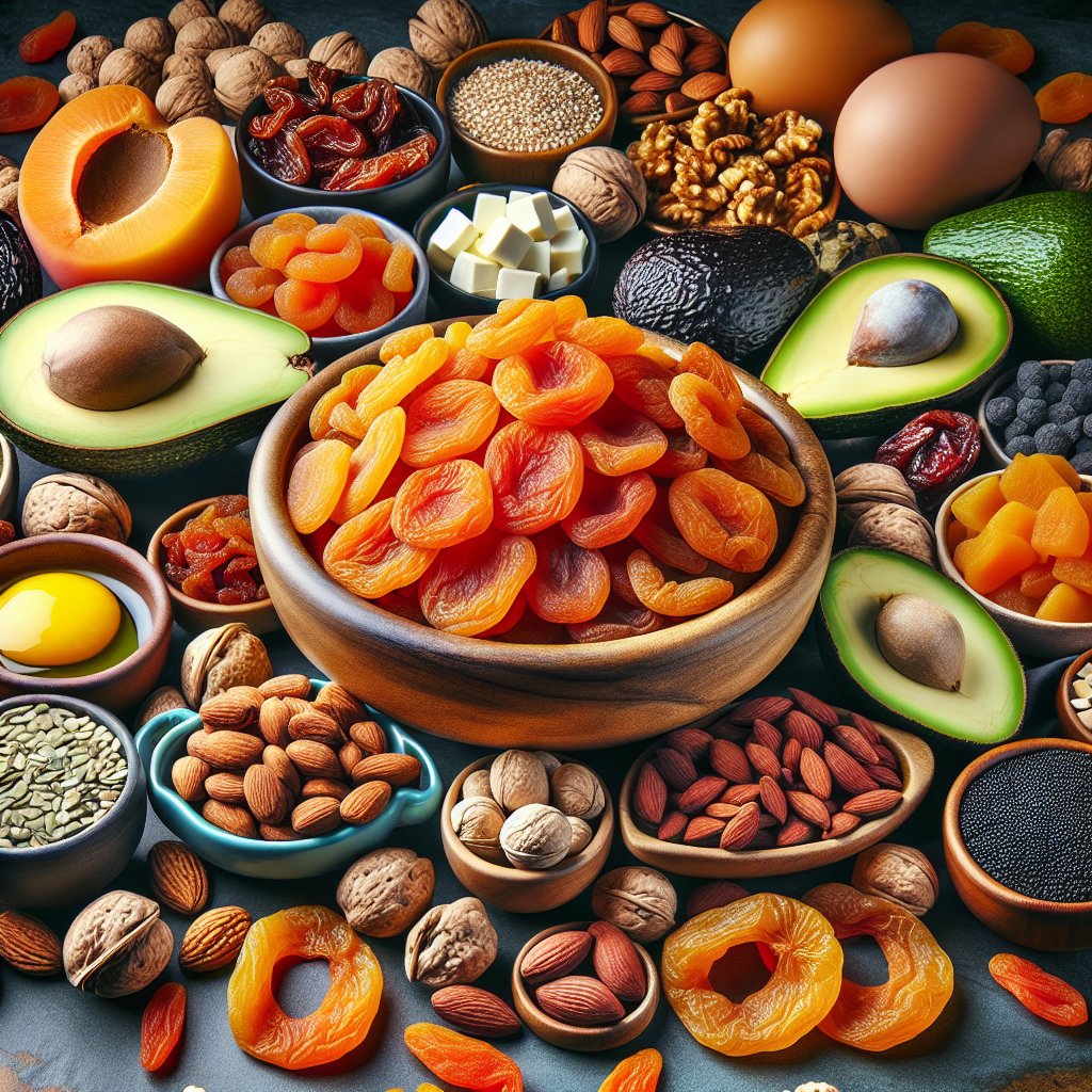 Assortment of keto-friendly ingredients including dried apricots, nuts, seeds, avocados, and high-fat dairy products, arranged in a visually appealing spread.