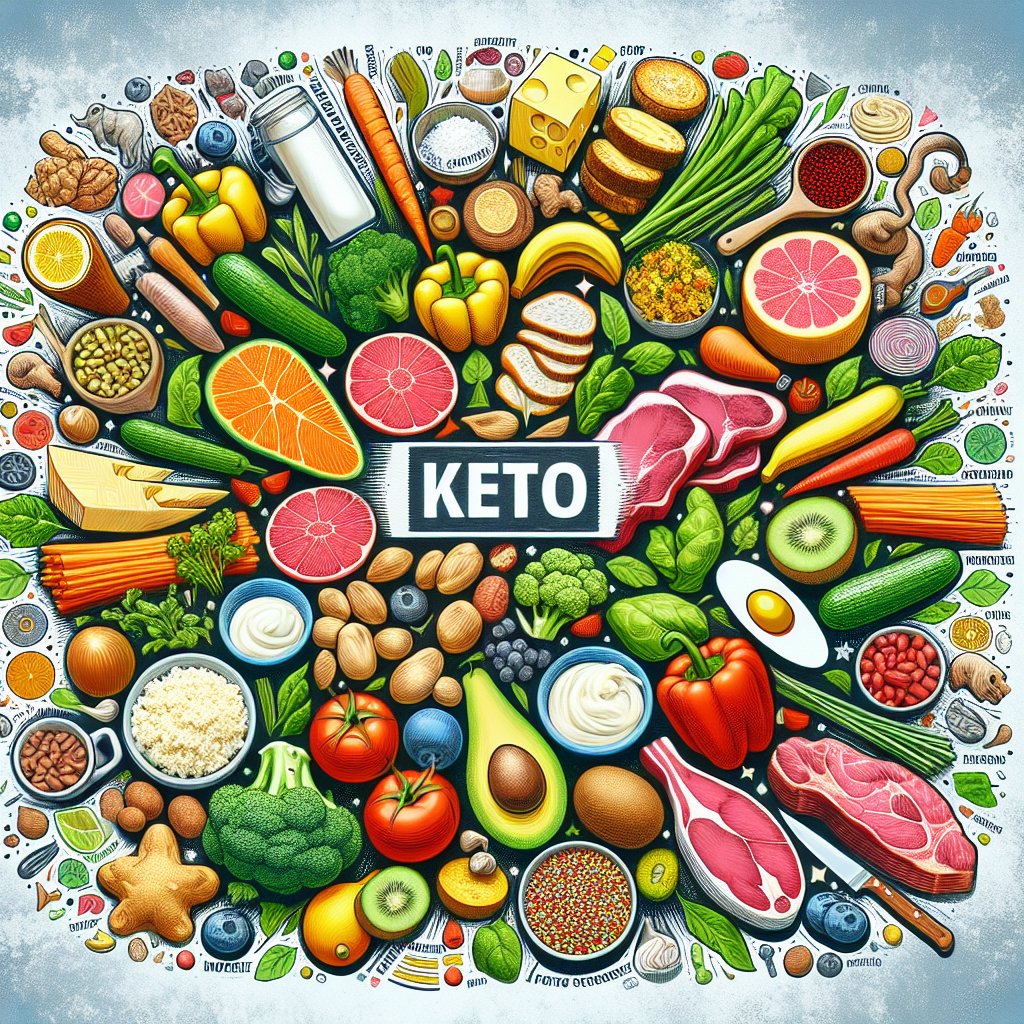 Vibrant array of keto-friendly vegetables, meats, dairy alternatives, and healthy fats arranged in an attractive manner.