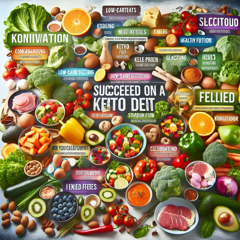 A diverse array of colorful and wholesome keto-friendly ingredients on a kitchen counter with motivational text overlay