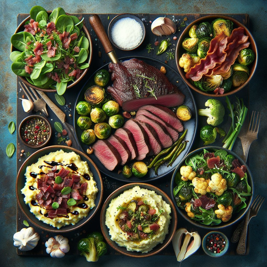 Colorful array of low-carb side dishes including roasted Brussels sprouts, cauliflower mash, and arugula salad perfectly complementing the rich flavors of venison.