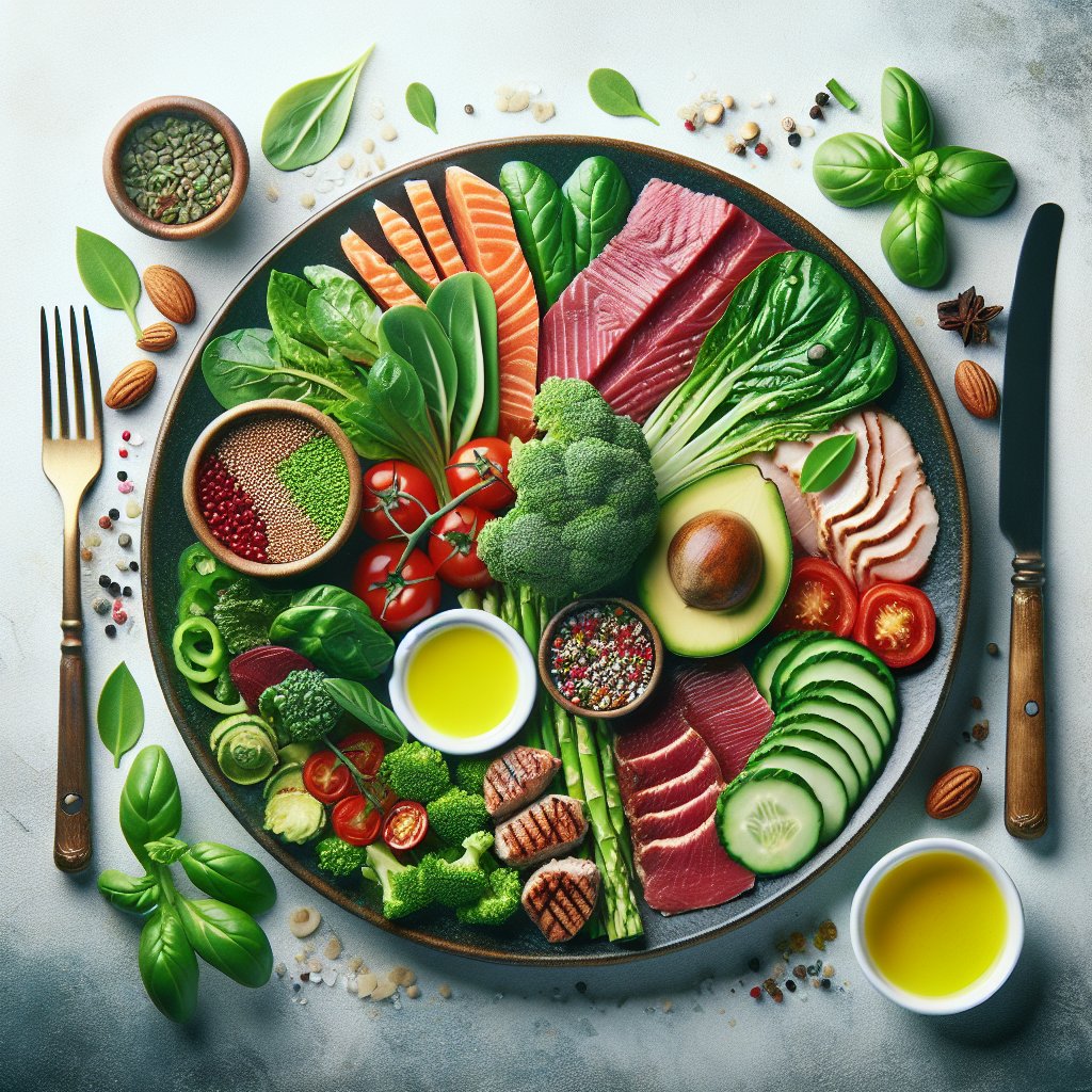 Colorful array of low fat keto-friendly ingredients arranged on a plate