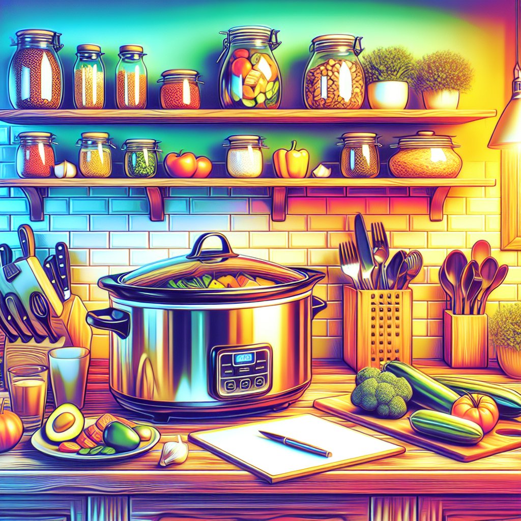 Vibrant kitchen scene with crockpot and neatly arranged ingredients