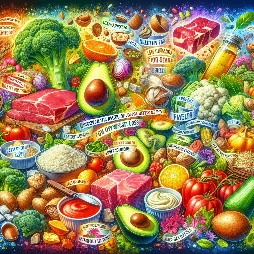 Colorful and vibrant collage showcasing lean proteins, healthy fats, and low-carb vegetables with artistic depictions of healthy substitutions for high-fat ingredients