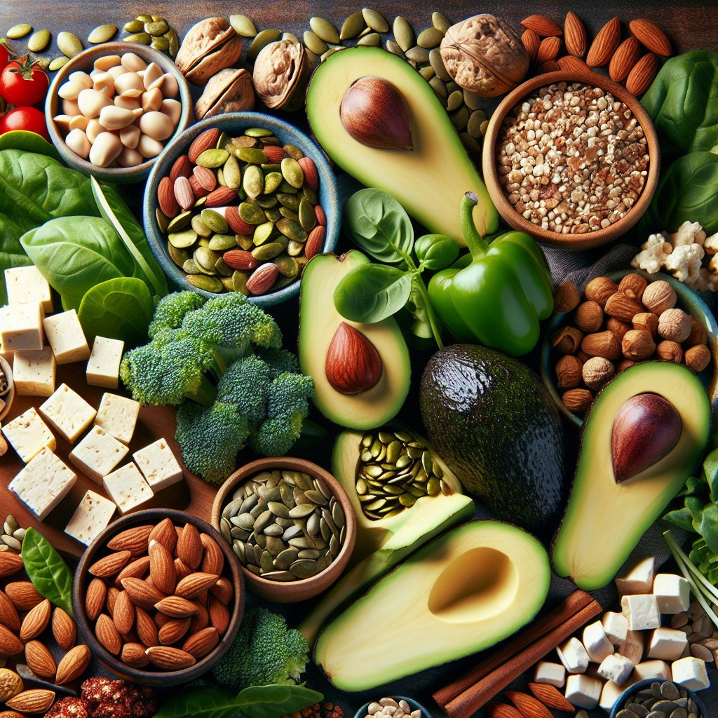 Vibrant array of vegetarian-friendly ketogenic foods including nuts, seeds, avocados, tofu, and leafy greens, exuding freshness and vitality.