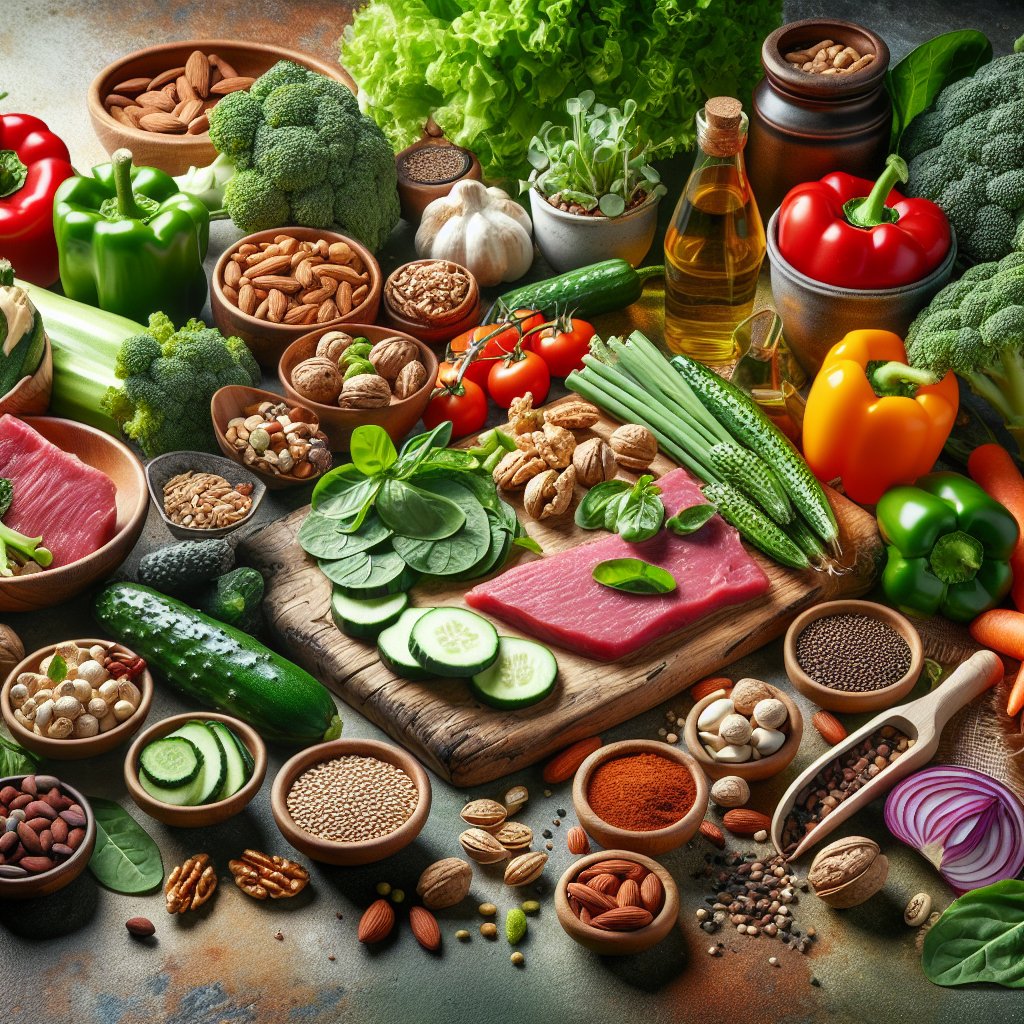 Colorful array of fresh produce, nuts, seeds and lean meats embodying the fusion of gluten-free and keto diets
