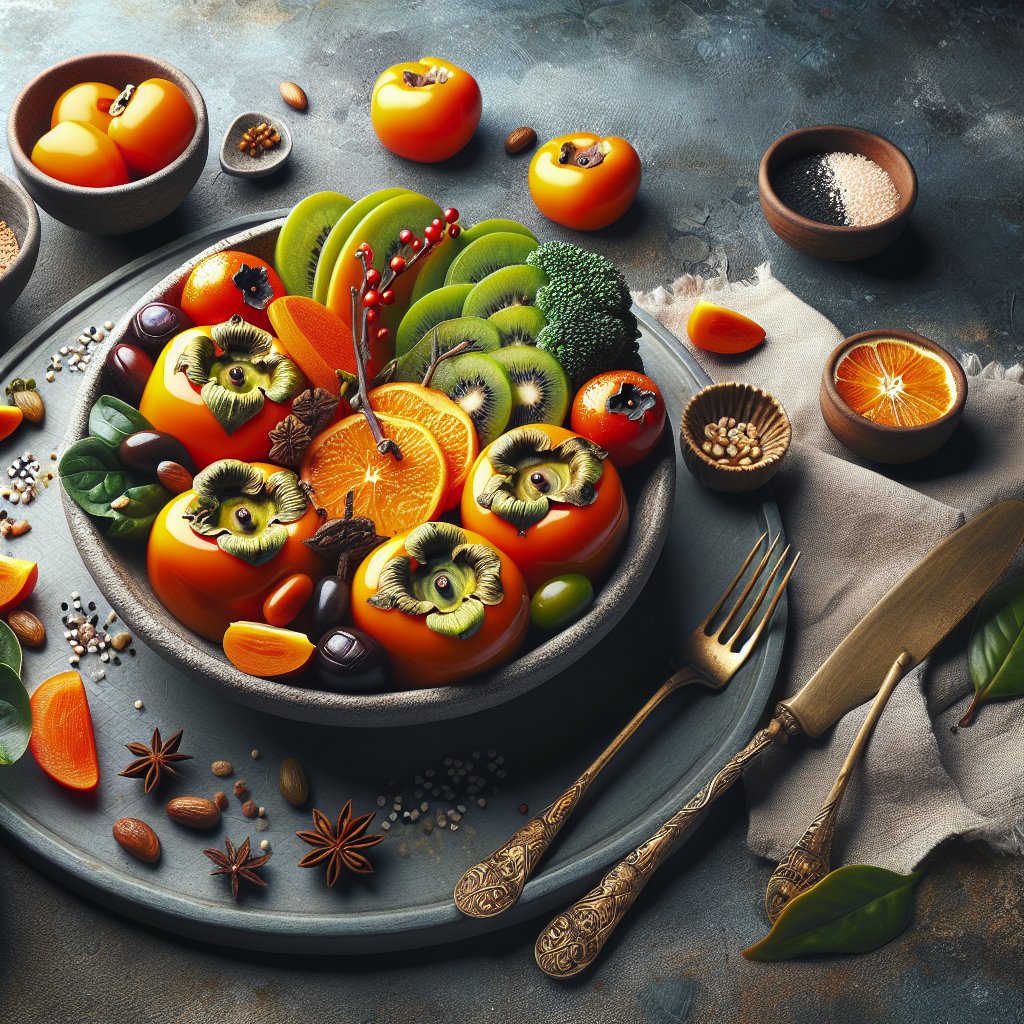 A beautifully arranged keto-friendly meal rich in color and nutrients, with persimmons as the centerpiece, showcasing elegance and health-consciousness.