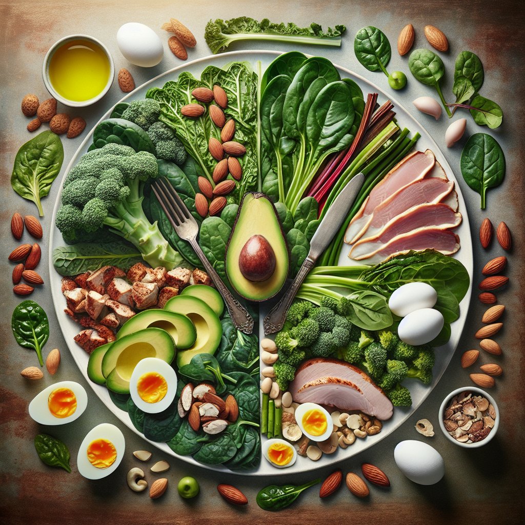 Colorful plate showcasing keto-friendly foods like avocado, leafy greens, eggs, nuts, and lean meats, symbolizing diversity and health benefits of the keto diet.