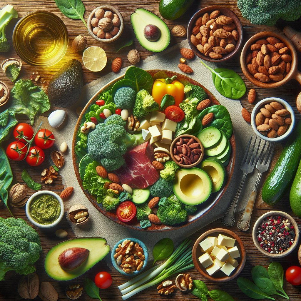 A vibrant plate filled with a variety of colorful, nutrient-dense keto-friendly foods including avocados, leafy greens, nuts, and lean proteins.