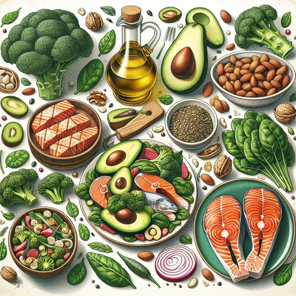 Colorful keto-friendly meal featuring avocado, olive oil, nuts, seeds, salmon, leafy greens, broccoli, cauliflower, and grilled chicken, showcasing freshness and nutritional balance.