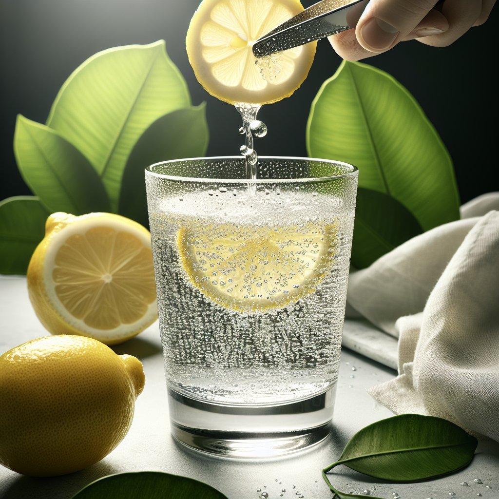 Fresh lemon being squeezed into a glass of water, with droplets of citrus-infused water, surrounded by green leaves on a modern countertop