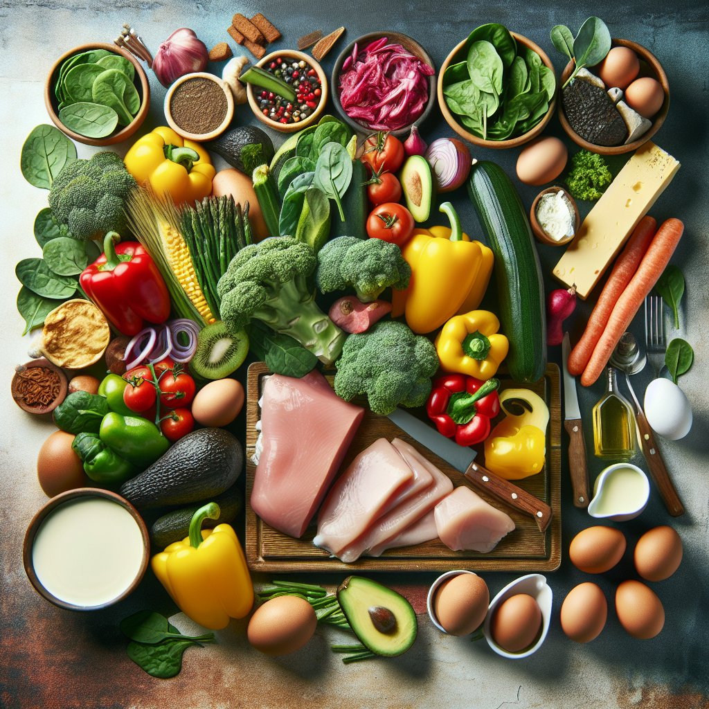 Assortment of colorful, fresh ingredients commonly used in low-fat keto recipes including lean meats, non-starchy vegetables, avocados, eggs, and low-fat dairy products.