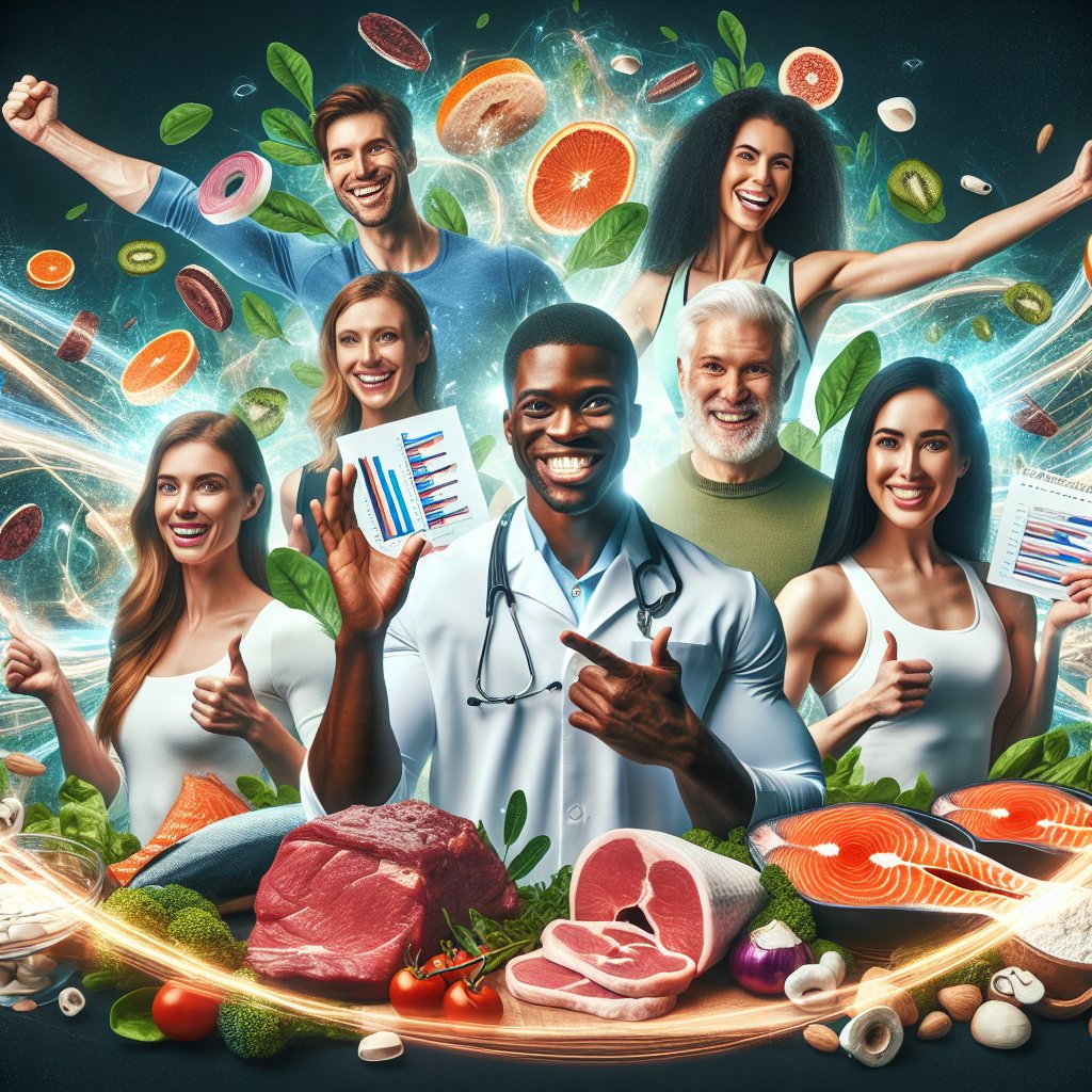 Diverse group confidently endorsing carnivore keto diet with vibrant foods and energy.