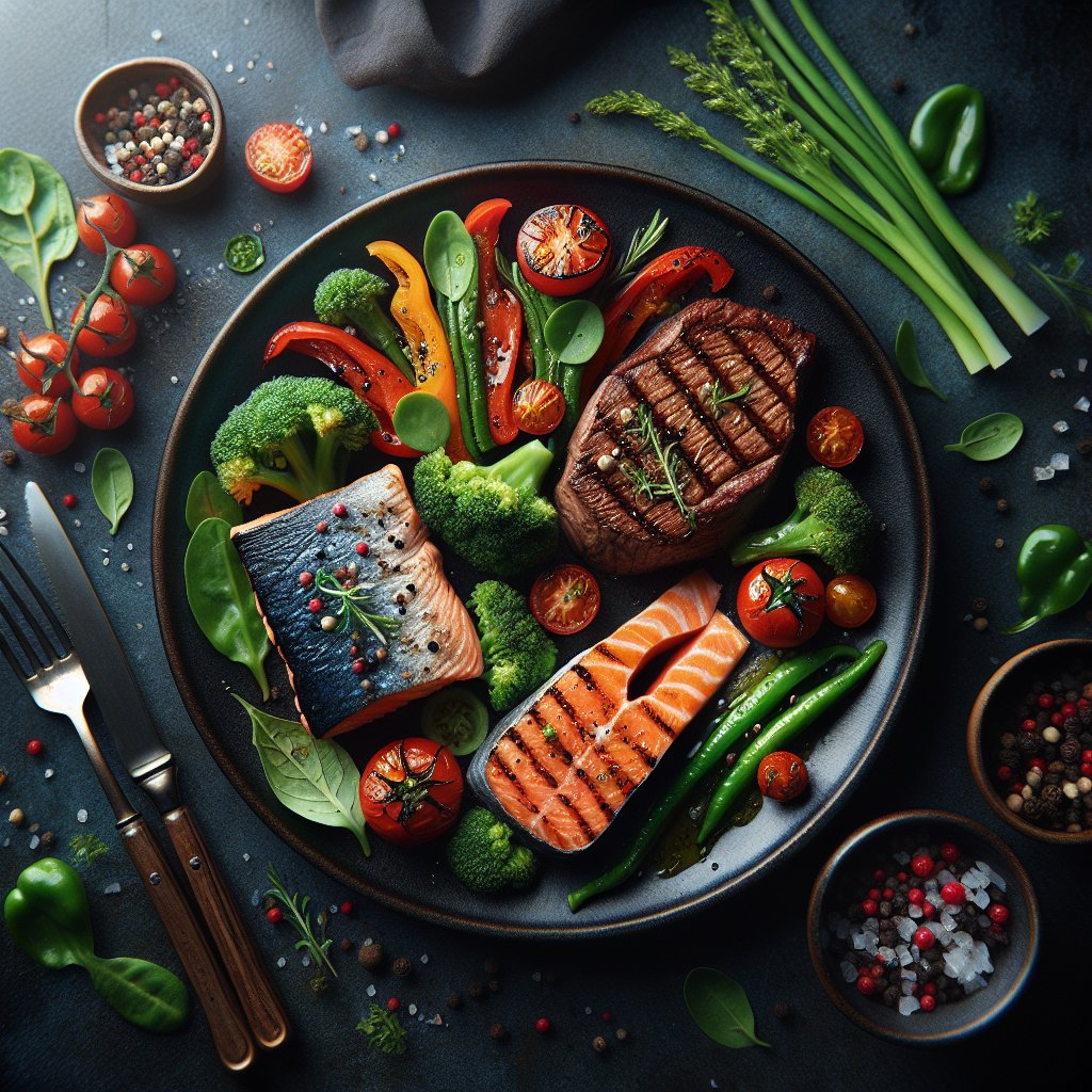 A vibrant dinner plate featuring a succulent grilled steak, perfectly seared salmon fillet, and a colorful array of fresh vegetables, all elegantly arranged to showcase the wholesome and satisfying nature of carnivore keto recipes.