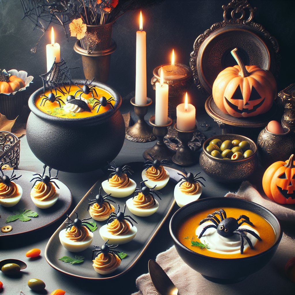 Spooky yet elegant Halloween keto-friendly dinner table with pumpkin soup, deviled eggs, and Halloween-themed decorations.
