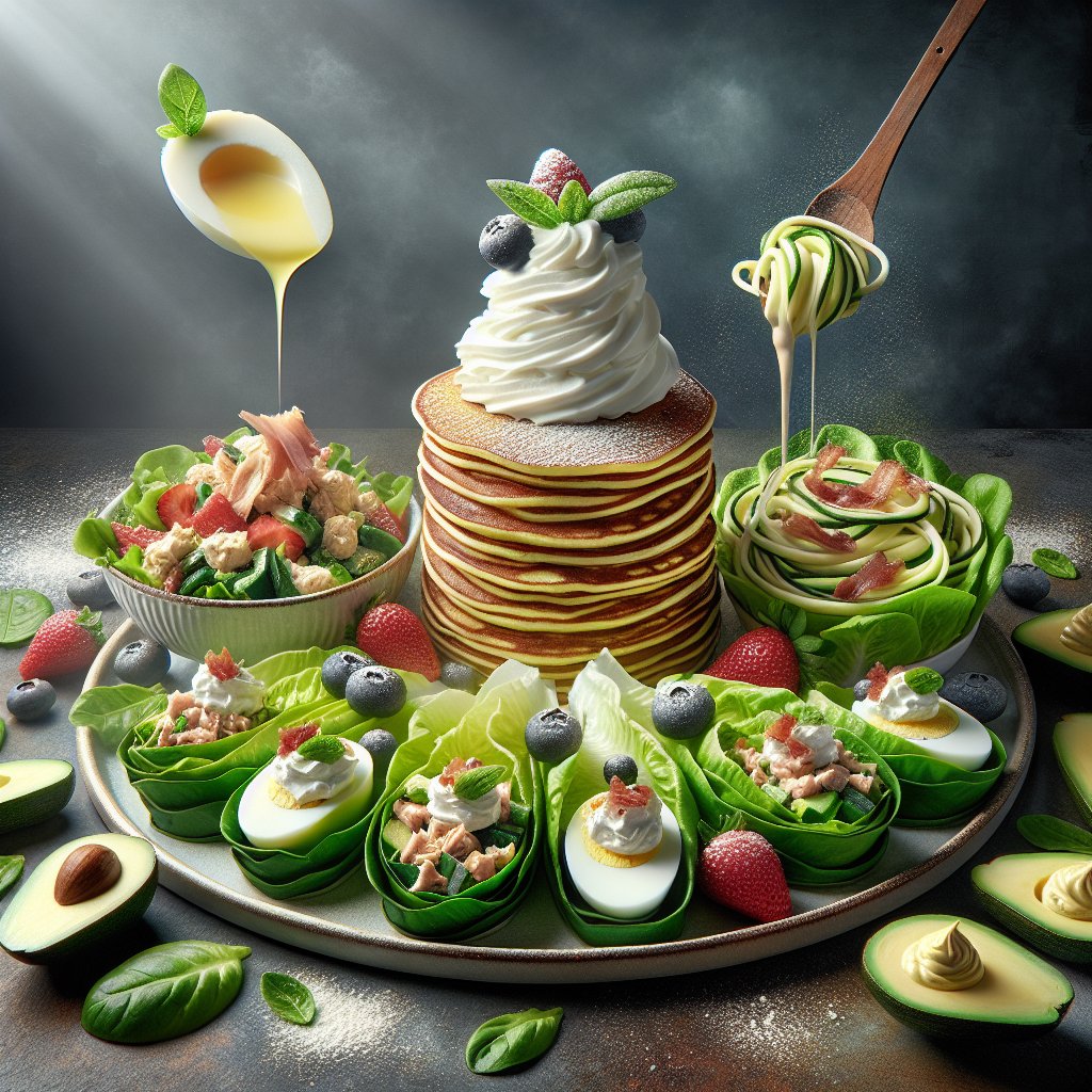 Beautifully plated dish featuring almond flour pancakes, lettuce wraps, zucchini noodles, creamy chicken alfredo, and deviled eggs