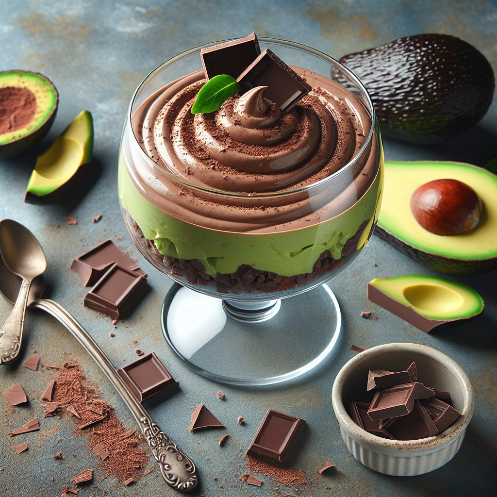 Creamy avocado chocolate mousse in glass bowl with fresh slices and dark chocolate shavings