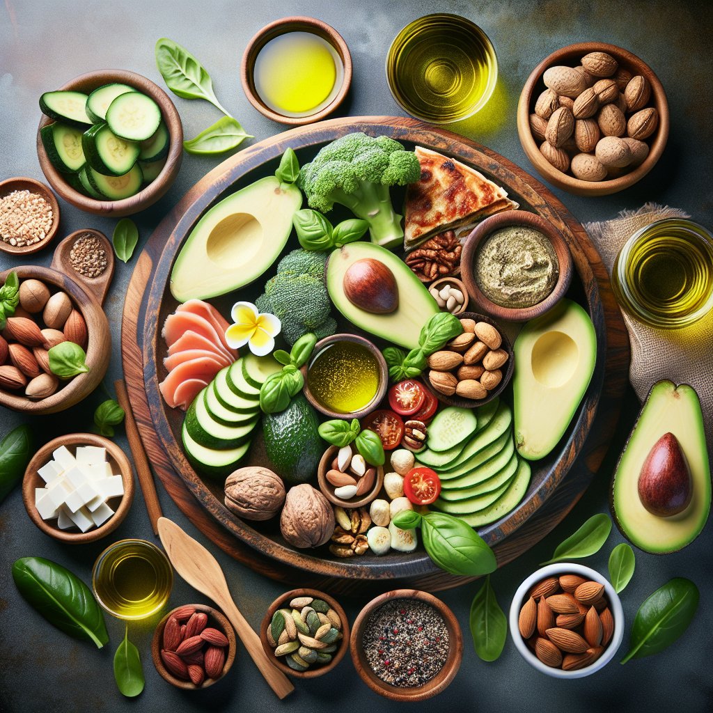 Beautifully arranged keto meal plate with avocado, olive oil, nuts, seeds, leafy greens, and lean proteins, exuding balance and vibrancy.