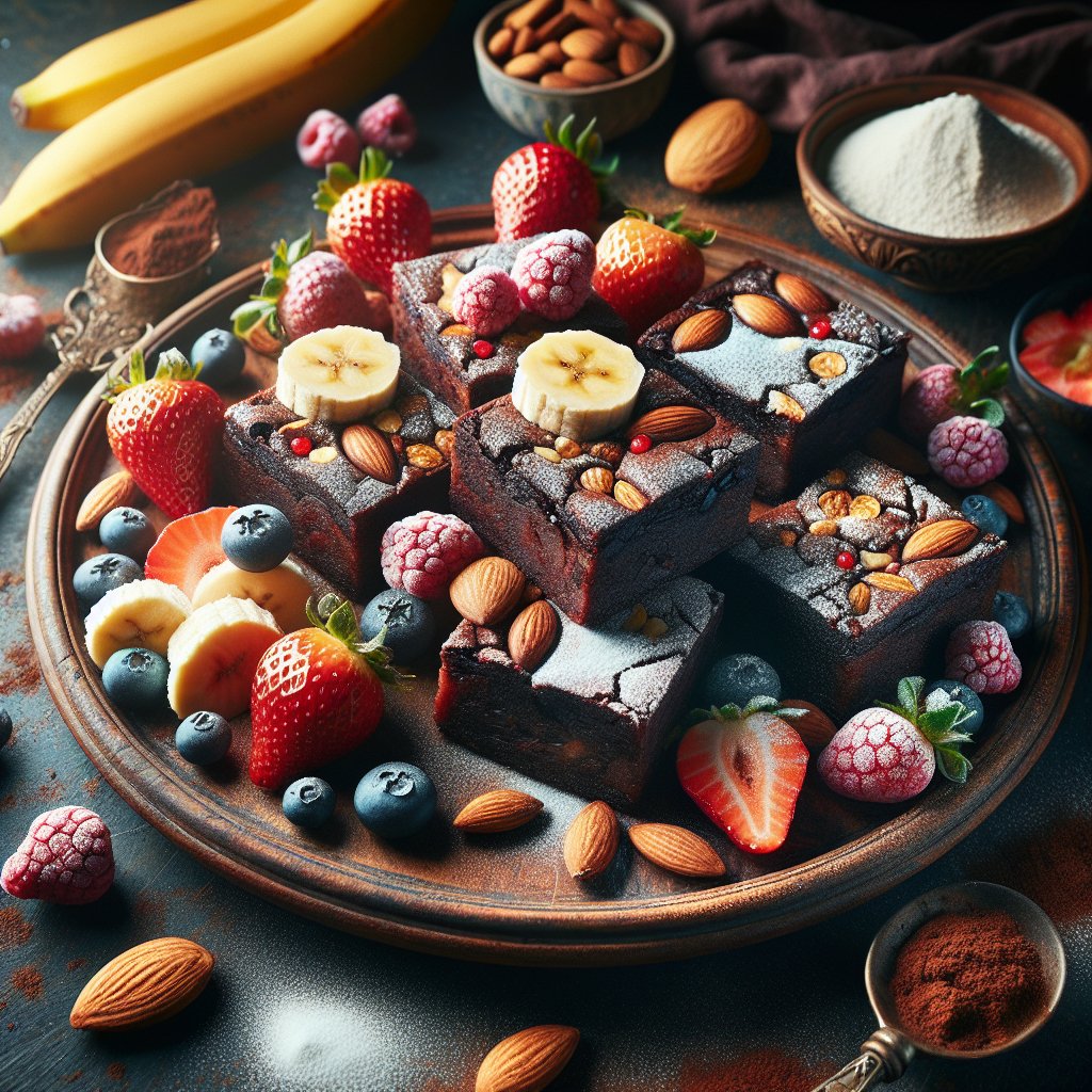 Decadent plate of keto banana brownies topped with powdered erythritol and surrounded by fresh low-carb fruits.