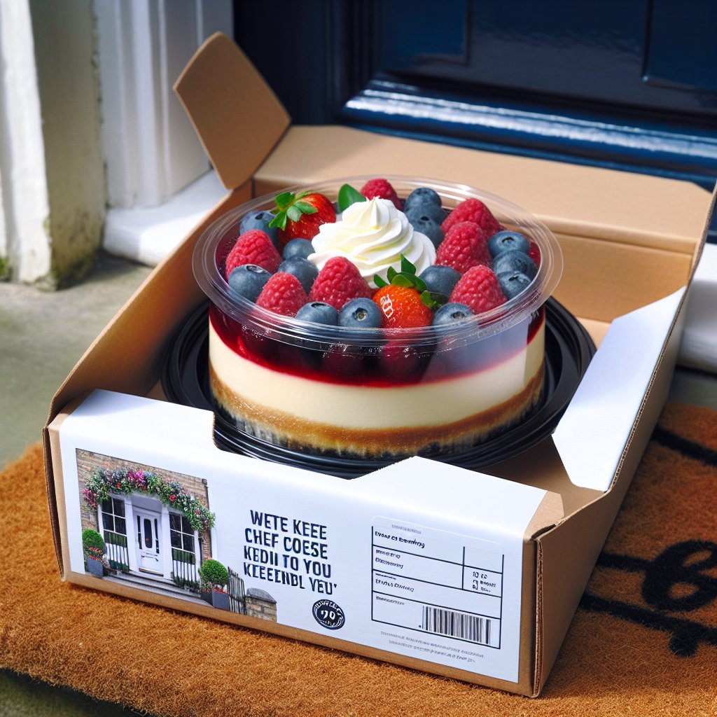 Keto cheesecake delivery with fresh berries and whipped cream on the side, packaged with quality and keto-friendly label on doorstep