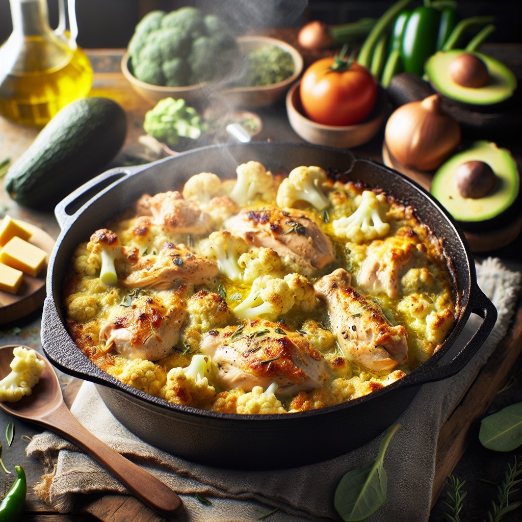 Rustic Dutch oven filled with a bubbling, golden-brown keto-friendly chicken and cauliflower casserole, topped with melted cheese and fresh herbs, with a cozy kitchen atmosphere in the background.