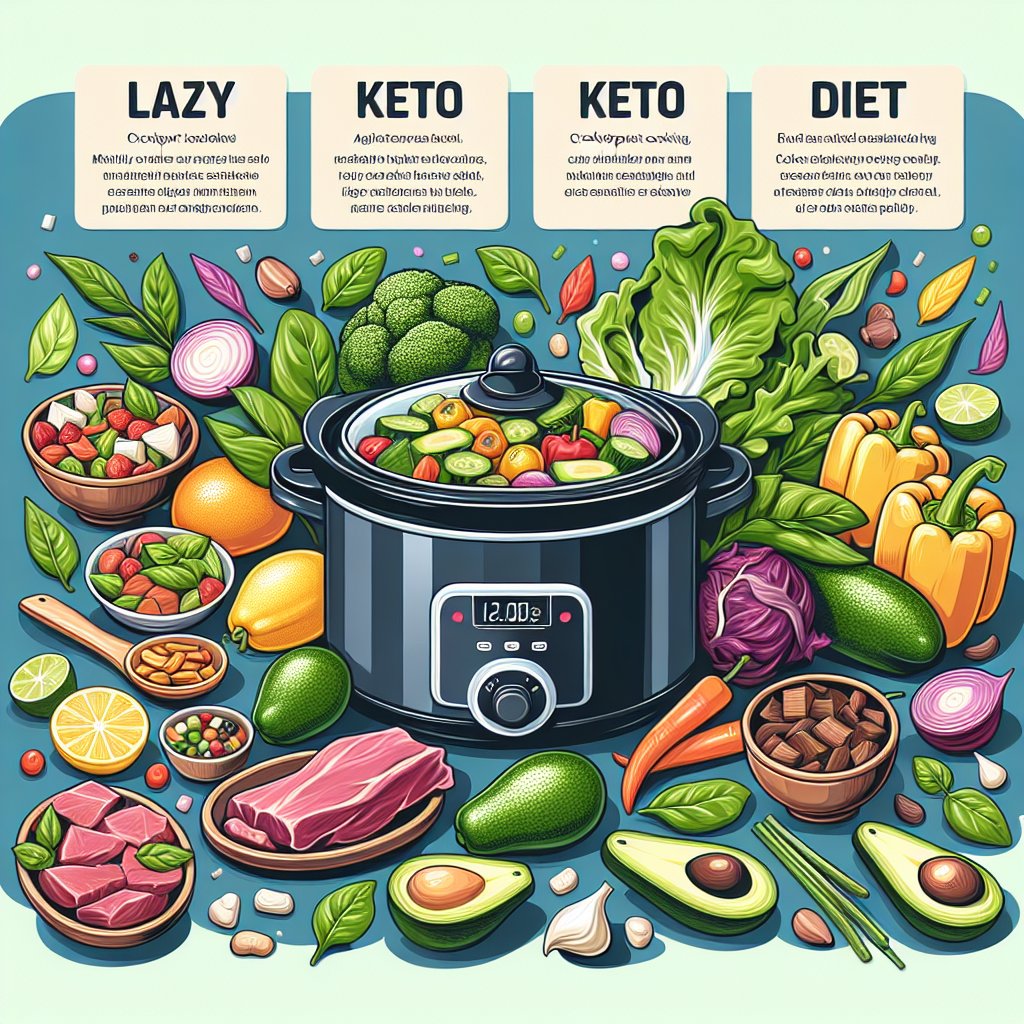 A colorful array of fresh keto-friendly vegetables and high-quality cuts of meat neatly arranged around a crockpot, with text overlays highlighting the benefits of the lazy keto diet.