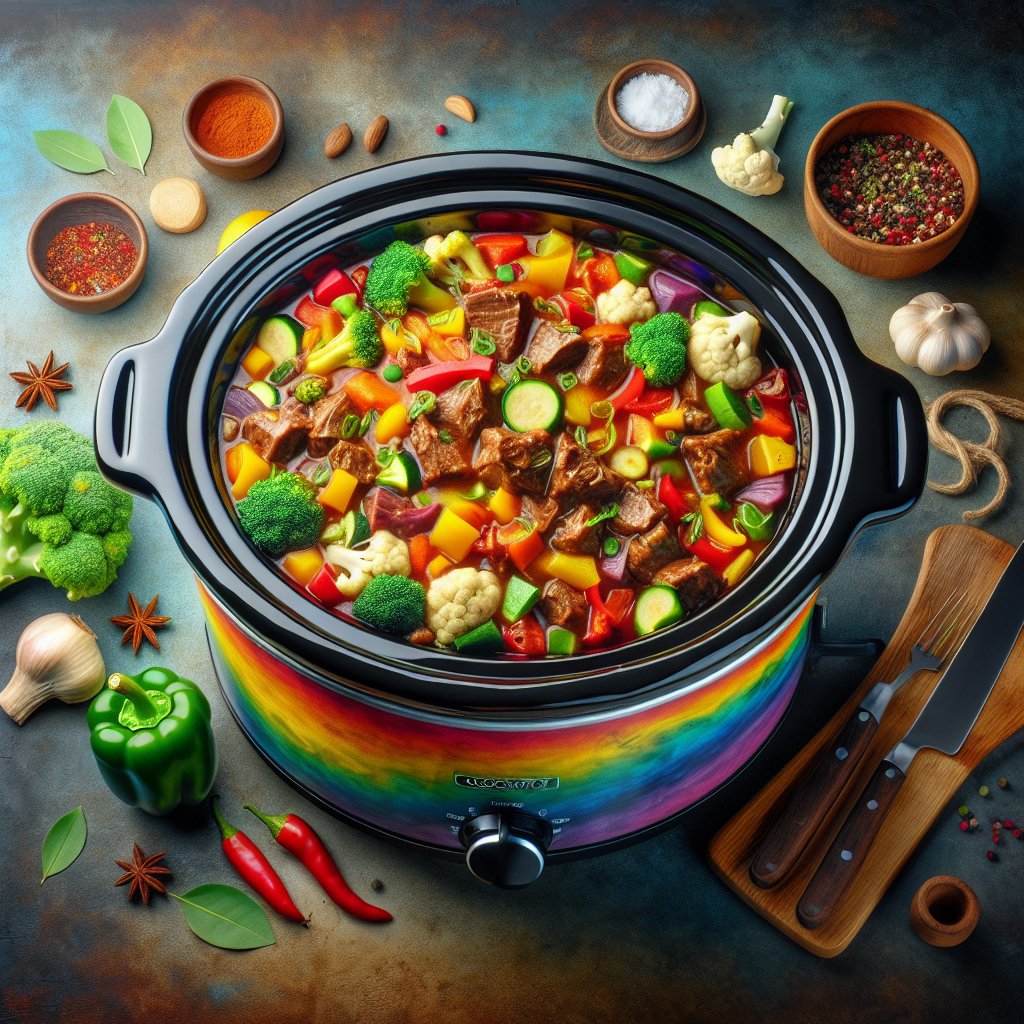 Colorful and vibrant keto stew cooking in a crockpot