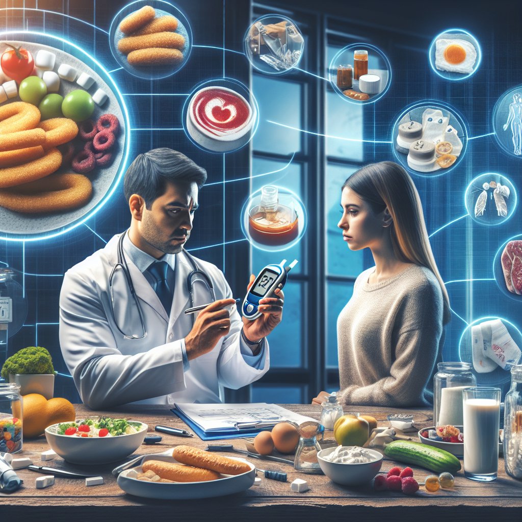 Illustration of a person monitoring blood glucose levels while consulting with a healthcare provider about the potential risks and benefits of the keto diet for diabetes type 1 management.