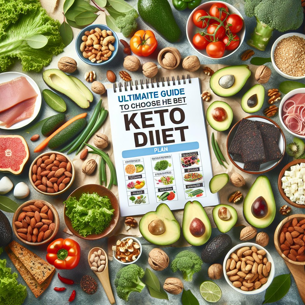 Assortment of keto-friendly foods including avocados, nuts, leafy greens, and lean proteins arranged in an appealing manner.