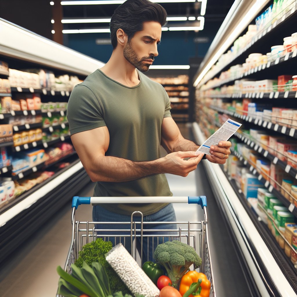 Person on keto diet confidently grocery shopping while holding prescription for metformin.