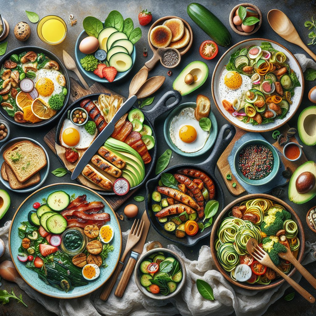 Visually appealing diverse spread of keto-friendly dishes including breakfast skillet, avocado chicken salad, zucchini noodle stir-fry and snack bites