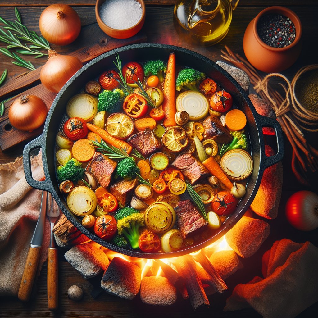 Low-carb keto stew cooking in rustic dutch oven over charcoal