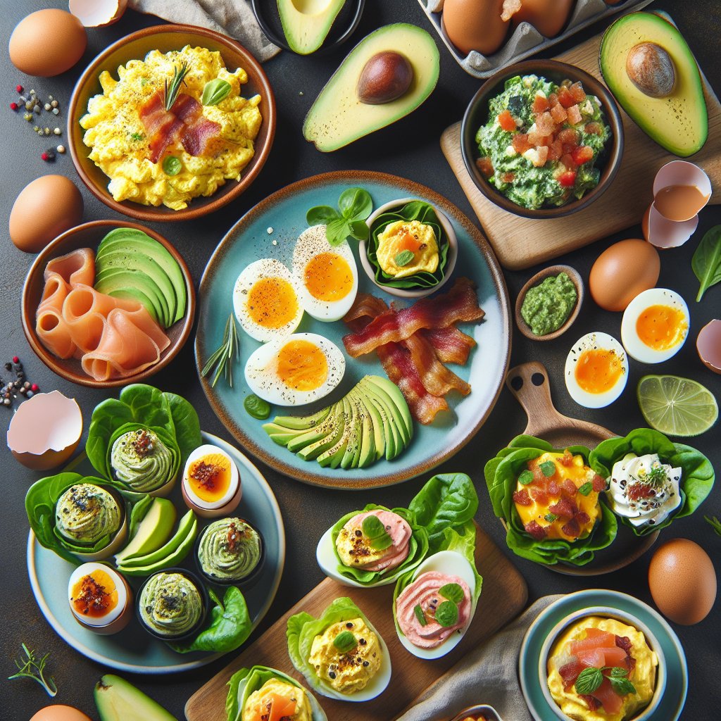 Vibrant keto egg fast meal spread with assorted egg dishes, avocado omelette, egg salad lettuce wraps, spinach muffins, and deviled eggs with smoked salmon