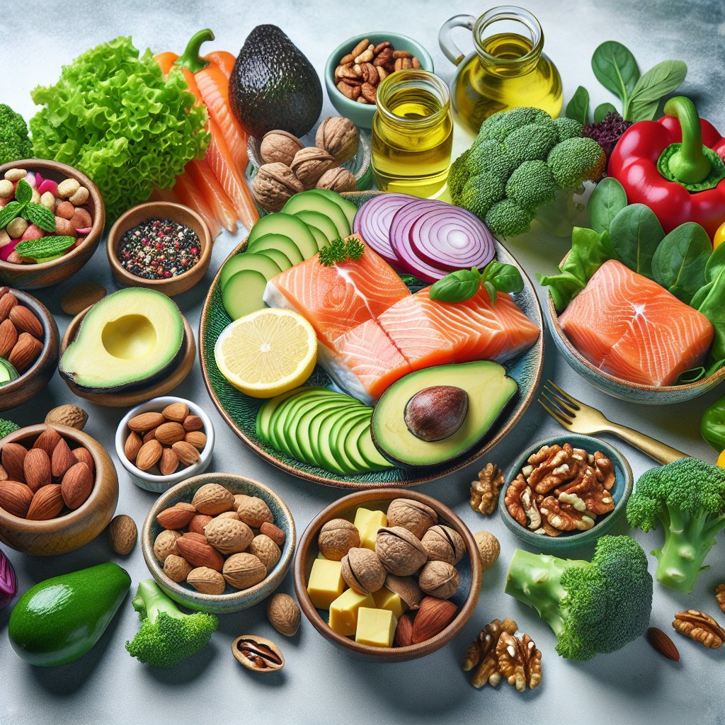 Vibrant and diverse selection of keto-friendly foods, including avocados, salmon, leafy greens, nuts, and low-carb vegetables