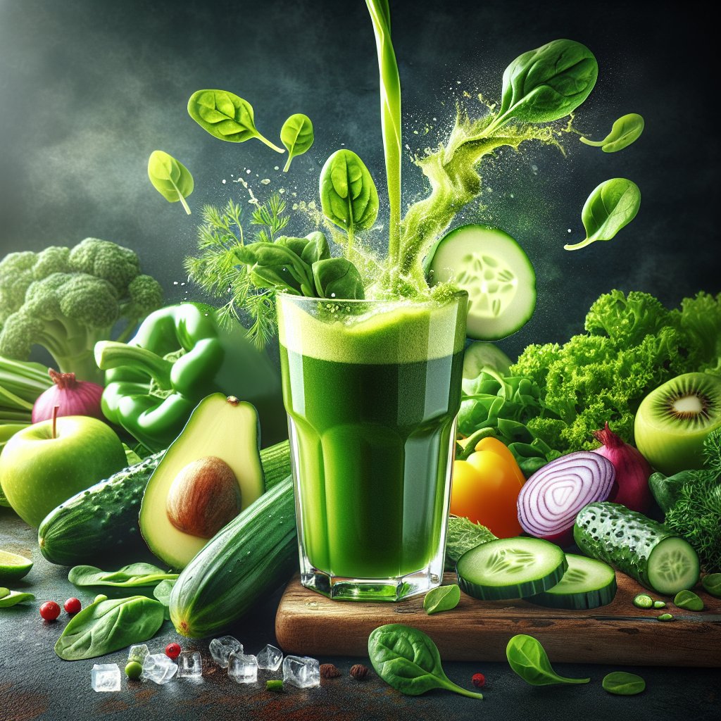 Vibrant keto-friendly green juice being poured into a crystal-clear glass, featuring fresh spinach, kale, cucumber, and avocado, with colorful low-carb vegetables and fruits in the background.