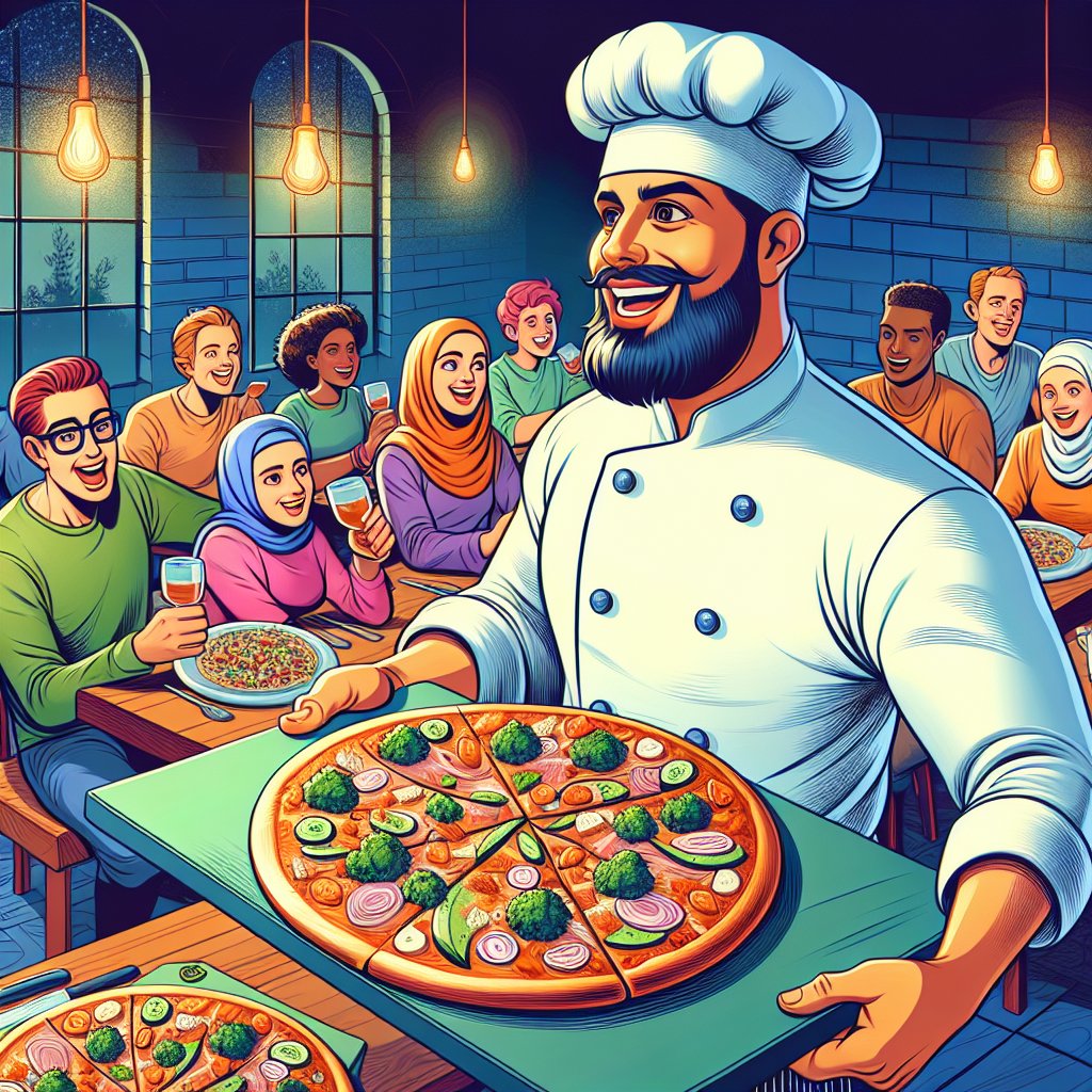 Chef presenting delicious, keto-friendly pizza in vibrant restaurant scene