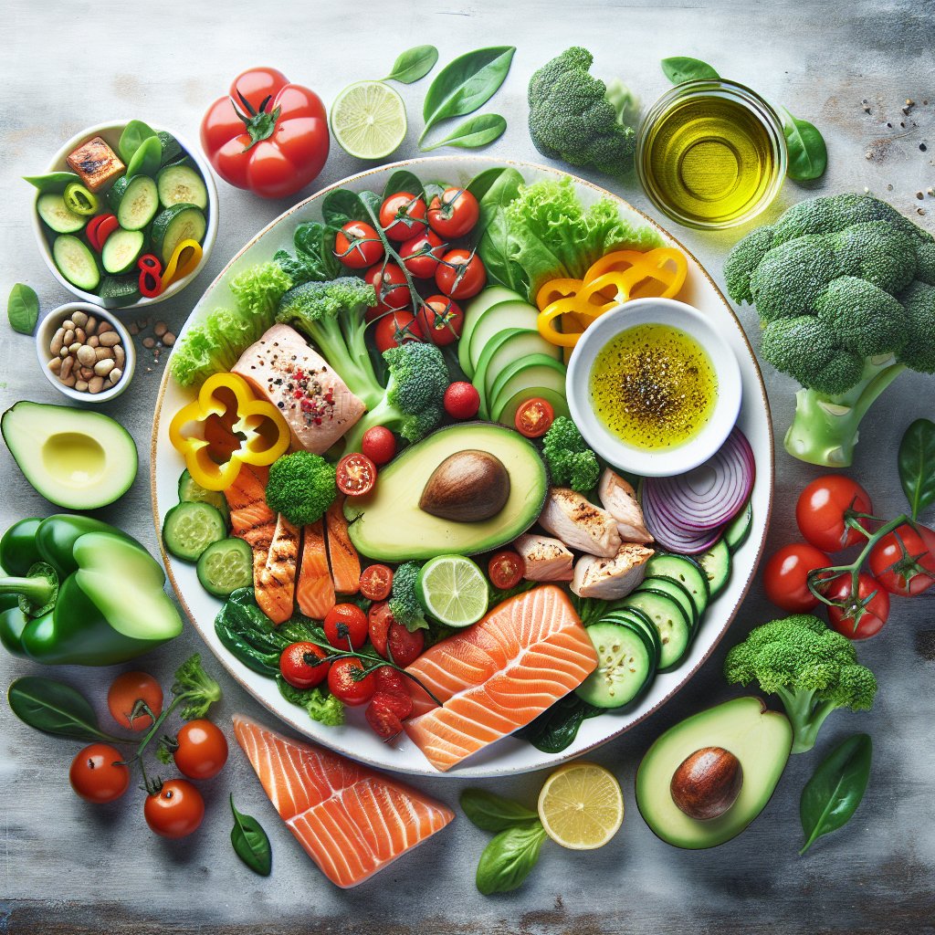 Vibrant plate of colorful vegetables, avocado, and grilled chicken showcasing delicious keto-friendly foods