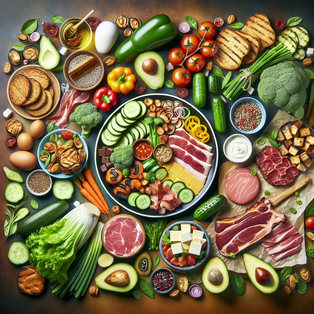 Assortment of low-carb vegetables, high-quality meats, healthy fats, and dairy alternatives in a beautifully prepared spread