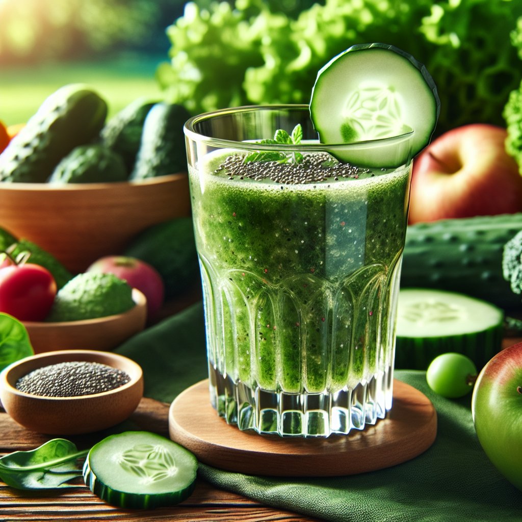 Glass of keto green juice surrounded by vibrant, fresh vegetables and fruits, elegantly garnished with a slice of cucumber and chia seeds