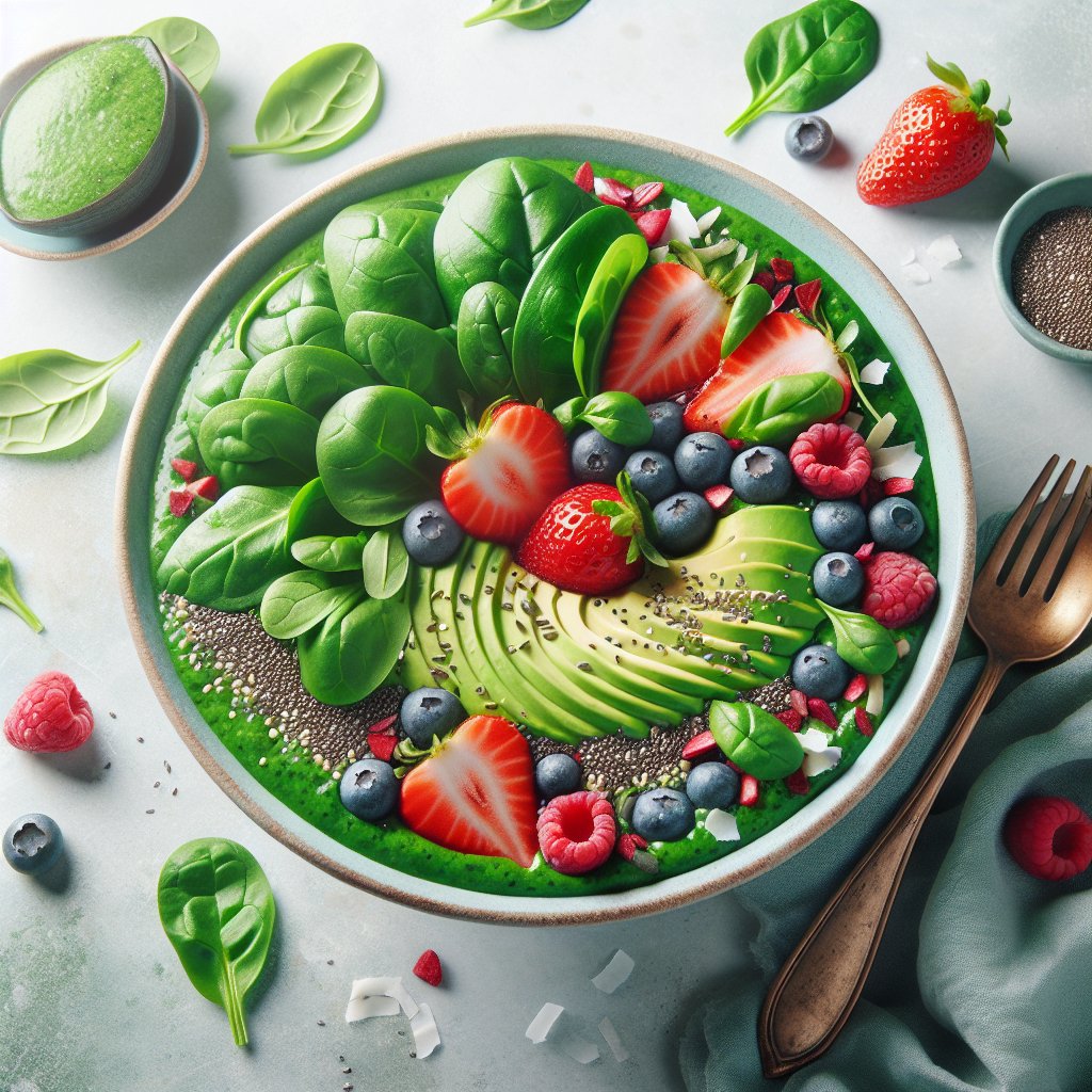 Vibrant and refreshing keto green smoothie bowl with fresh spinach, avocado slices, and low-carb berries, topped with chia seeds, hemp hearts, and shredded coconut.